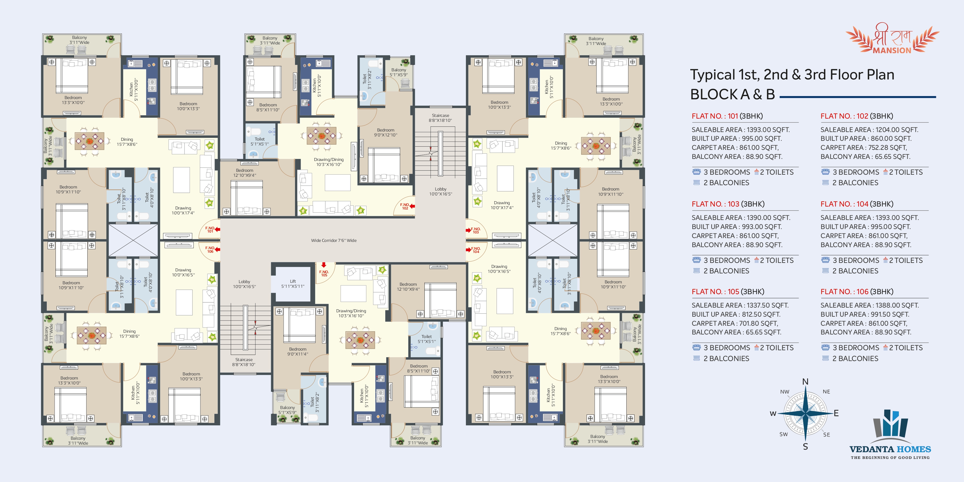 Block A & B Typical 1st, 2nd & 3rd Floor Plan